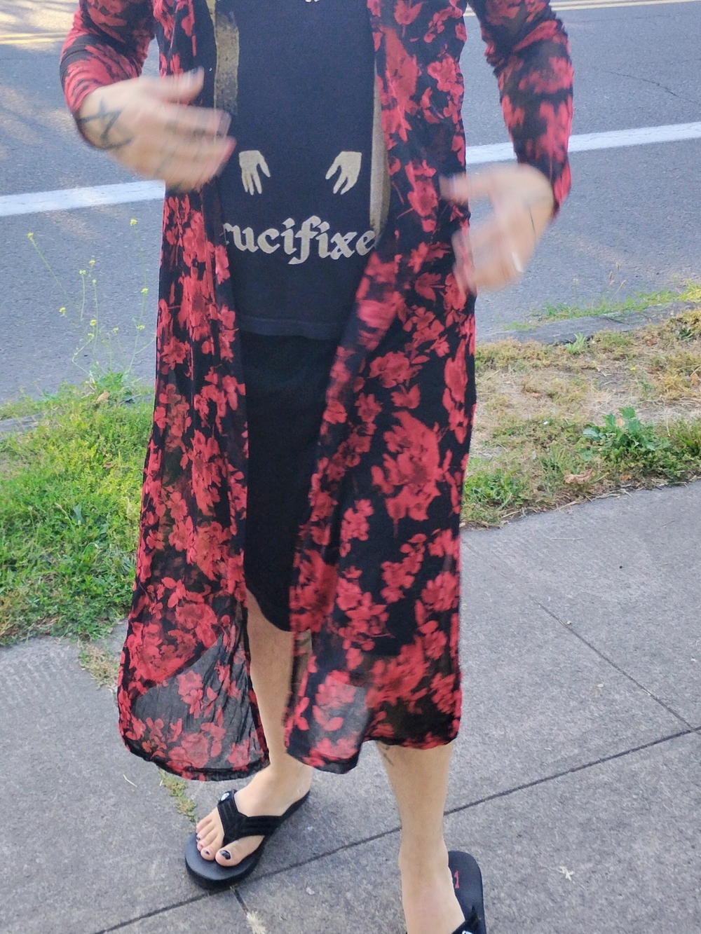 Sheer Maxi Long sleeve Duster with Red And Black Floral Print